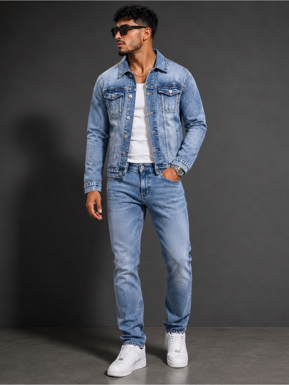 Slim Straight Men's Denim Jeans and Jacket Set in Light Blue